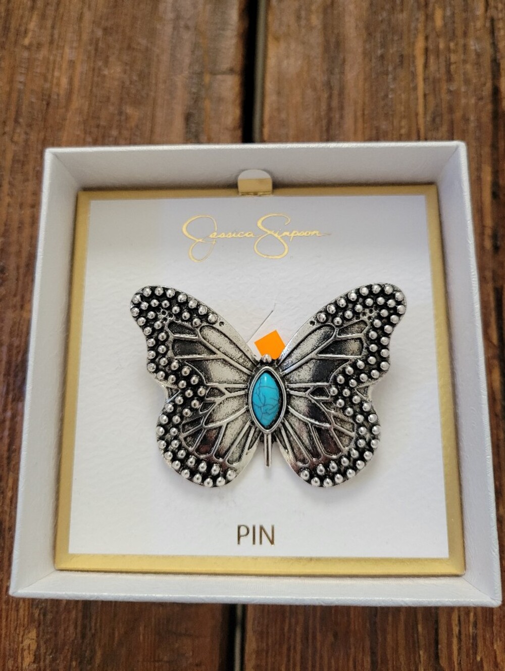 Jessica Simpson Silver Butterfly Brooch with Turquoise Center